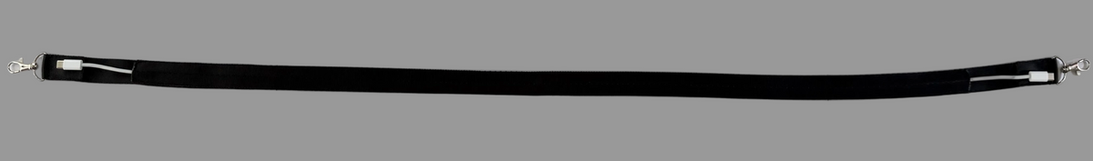 A long black strap with silver metal hardware, including a lobster clasp at each end.