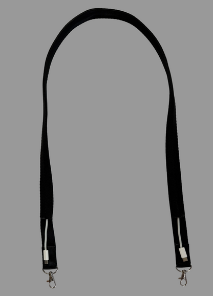 A black fabric strap with silver metal lobster clasps on both ends, laid flat on a white tiled surface.