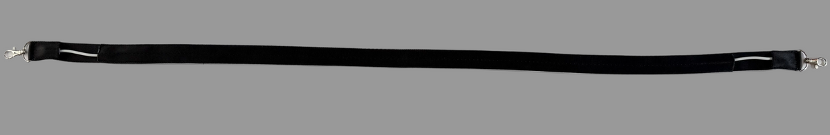 A long black strap with silver metal clips at both ends, laid flat on a white background.