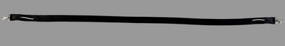 A long black strap with silver metal clips at both ends, laid flat on a white background.